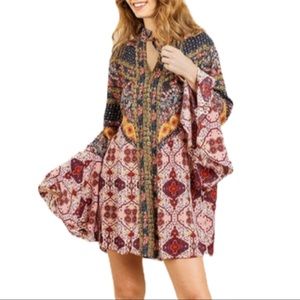 Umgee Multi-Print Trumpet Sleeve Dress